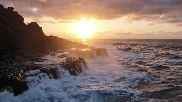 Dramatic Ocean Sunset Over Rocky Coastline, Waves Crashing, Golden Hour Sunlight