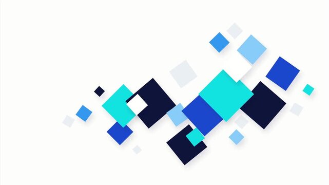 2D animation featuring overlapping squares in various shades of blue, teal, navy, and white. The geometric shapes gently float and shift on white background. Seamless loop
