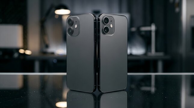 High-angle view of two state-of-the-art smartphones rsting back-to-back on a relective surface, showcasin premium build quality, slm profile, and the latest n mobile telecommunication design.