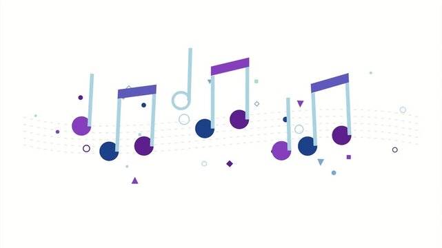 Animated abstract musical notes and floating geometric particles on white background for corporate presentations, website backgrounds
