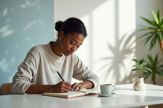 Young Black Woman Writing in Notebook with Coffee in Sunny Room