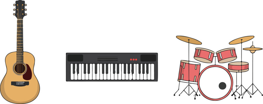 Musical instruments vector set with acoustic guitar digital piano synthesizer and red drum kit isolated on white background