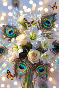 Elegante Bouquet Floreale con Gigli Bianchi, Rose e Piume di Pavone