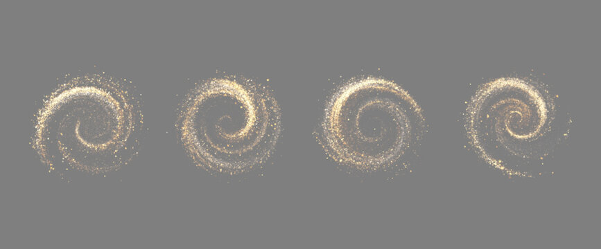 Gold png image of swirling glitter dust particles forming abstract circular trails against a deep for festive design elements on transparent background overlay