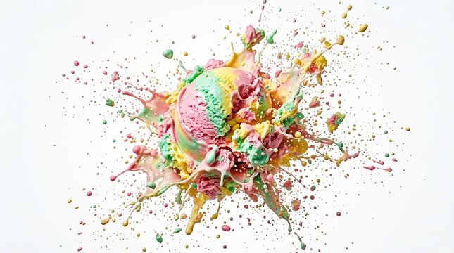 Melting colorful ice cream scoop exploding in mid-air