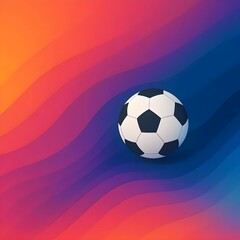 Naklejka premium Minimalist Classic Soccer Ball on Modern Abstract Wavy Gradient Background with Vibrant Orange Pink Purple and Blue Layers