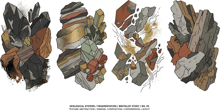Title: Brutalist collage vector art set with abstract geological fragmentation mineral crystals and raw rock textures for streetwear apparel design