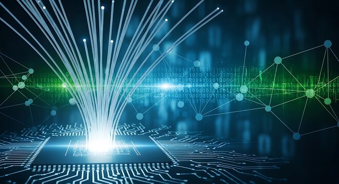 Digital data flow from a glowing microchip on a futuristic circuit board