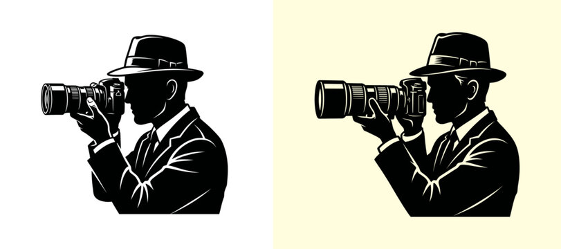 Professional photographer silhouette vector illustration with retro hat and camera for creative studio logo and t-shirt design