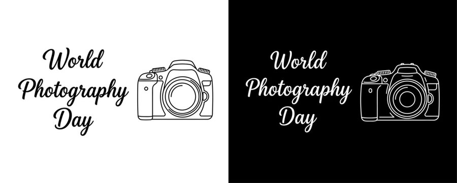 World photography day vector illustration design template with line art camera icon and elegant cursive script lettering for t-shirt print