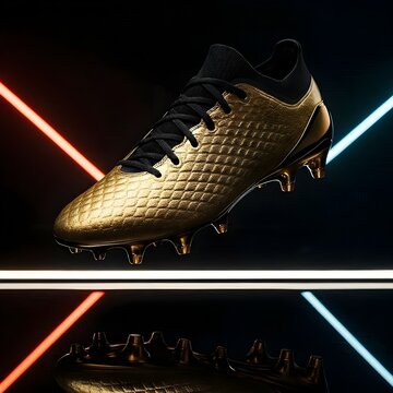 Premium Golden Soccer Cleat Boot Floating in the Air with Futuristic Neon Light Reflection and Abstract Crossing Lines Background