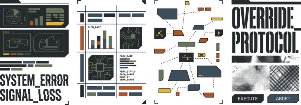 Brutalist system override protocol vector illustration with cyberpunk signal loss diagnostics tactical interface errors and futuristic command dashboard concepts