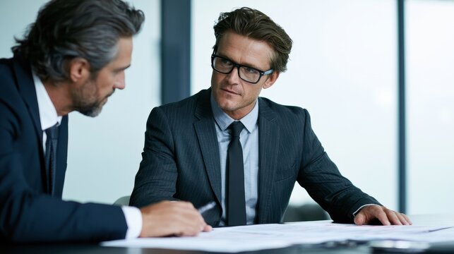 Senior attorney and young associate reviewing redlined contract clauses over printed agreements in a sleek law firm meeting room with frosted glass and soft afternoon lighting.