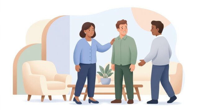 Three people are seen in a workplace setting interacting to help de-escalate a tense moment in a friendly manner.