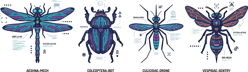  Cyberpunk mechanical insect vector set featuring futuristic drone dragonfly beetle mosquito and wasp interface graphics for sci-fi gaming UI design © AdhinChandra
