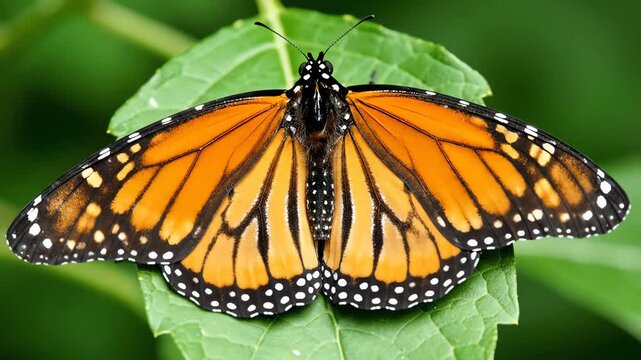 Monarch Butterfly Resting on a Green Leaf with Wings Open