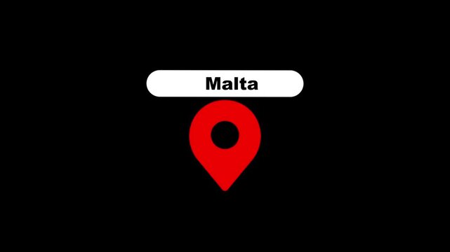Malta location pin animation on black background, for travel and, navigation projects