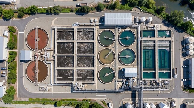 Wastewater treatment plant with large purification tanks, industrial pipelines and processing facilities, environmental engineering infrastructure, sustainable utility operations