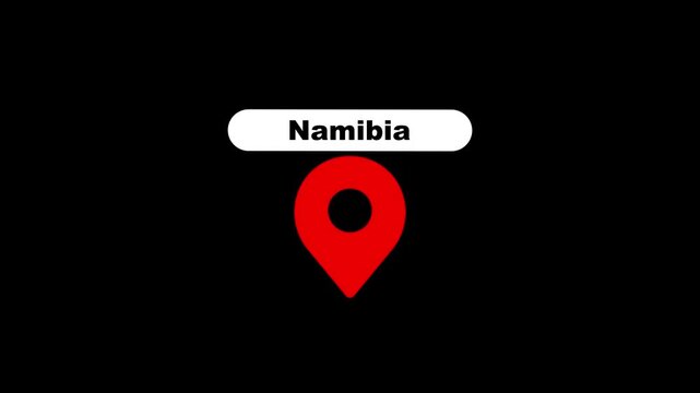 Namibia map location pin animation, travel destination marker on black background