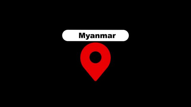 Myanmar location pin animation on black background, for travel and, mapping projects marker