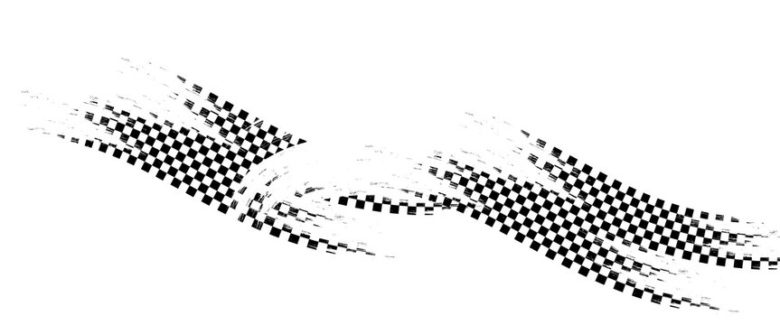 Grunge racing flag pattern with a distressed texture in black and white. Tire track with diagonal checkered design for motorsport themes, banners, graphics overlays. Abstract vector illustration.