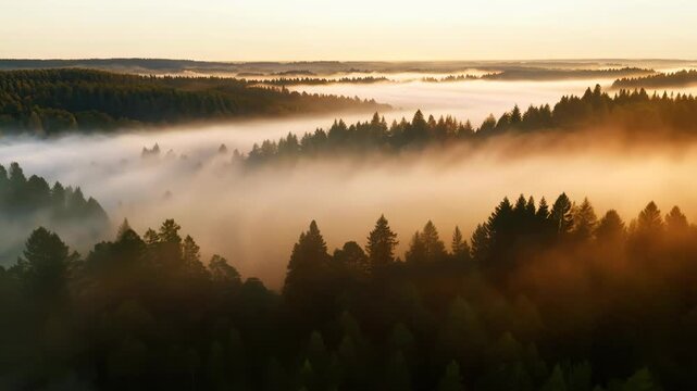 Lush green forest landscape with mist rolling over treetops at sunrise, showcasing the gradual illumination of the scenery in a serene natural environment