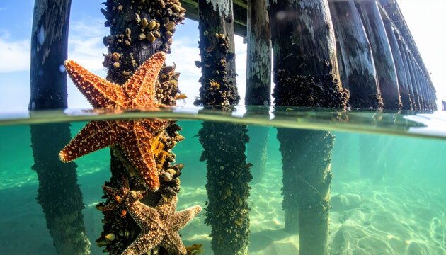 Two orange starfish cling to submerged pier pilings covered in barnacles and algae, with clear water and a reflection below.