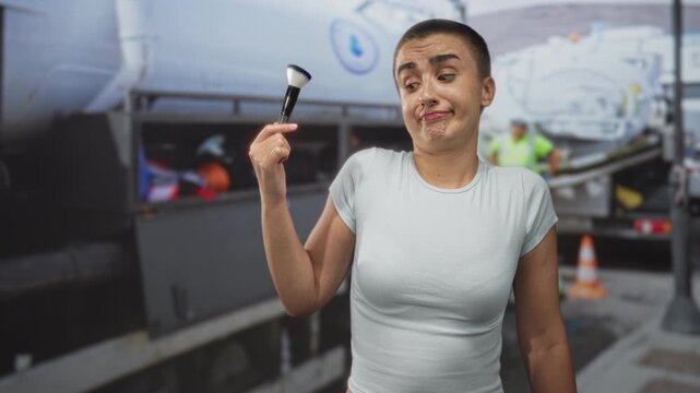 Woman with short buzzed hair holding a makeup brush between fingers, hand raised and smirking by an airplane cargo door at airport tarmac; playful impatience.