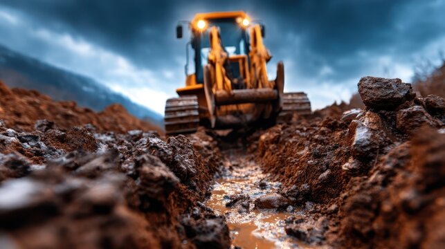 A powerful bulldozer operates on a muddy construction site, showcasing machinery in action and the developmental progress of infrastructure projects in urban settings.