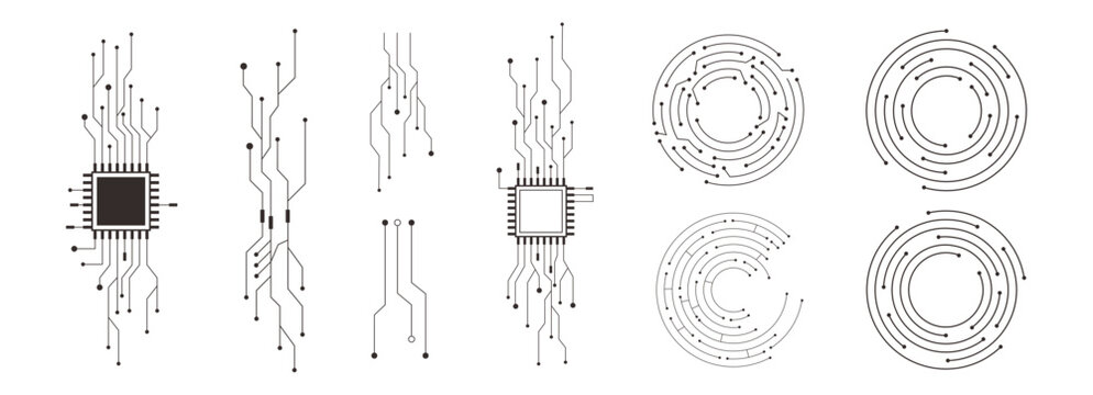 Technology circuit scheme motherboard texture, circle line dots connection. Ai chip electronics lines, circles engineering technology. Data tech bg black flat and line motherboard