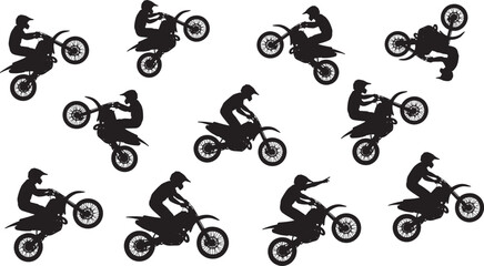 Naklejka premium Motocross Rider Silhouettes Performing Extreme Motorcycle Stunts and Jumps Isolated on Light Background for Sports Concept