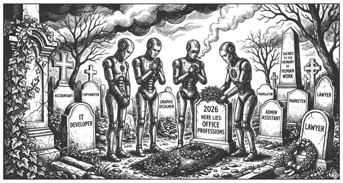 robots gathered around a grave listing human professions, symbolizing AI replacing jobs like developers, designers, and marketers sketch engraving generative ai vector illustration. Black and white.