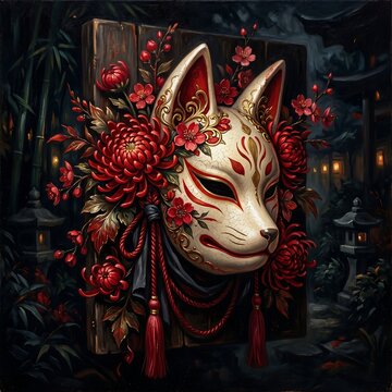 Mythical nine-tailed kitsune mask adorned with red flowers in a serene Japanese garden at night