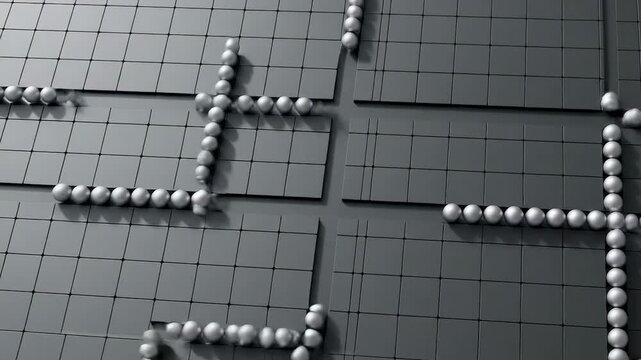 Symmetrical Abstract 3D Grid with Synchronous Moving Matte Silver Spheres