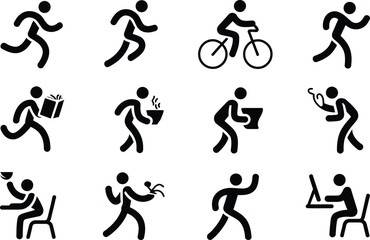 Obraz premium Set of black activity icons depicting people in common daily and work situations with activities lifestyle business pictogram computer. Vector illustration