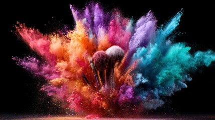 Fototapeta premium An artistic representation of vibrant makeup materials exploding in a mix of colors, showcasing beauty tools that capture the essence of creativity and self-expression.