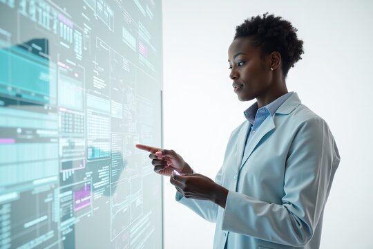 Female professional interacting with futuristic virtual data display on screen