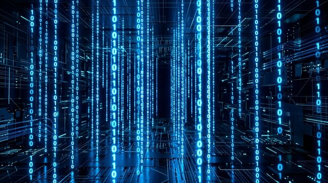 Falling Glowing Green Binary Code on a Dark Background Representing Data Stream Information Technology Cyber Security Matrix Concept and Digital Communication in a Modern High Tech Virtual World