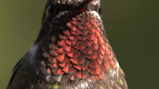 Hummingbird with Iridescent Red Gorget Feathers in a Beautiful Close up