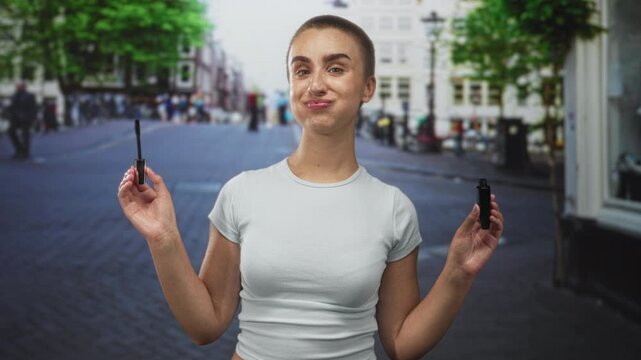 Woman with short hair holding eyelash mascara applicator in both hands, puffing cheeks while demonstrating the product on a busy street; playful curiosity.