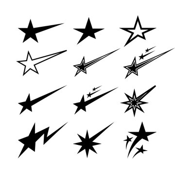 Abstract shooting star vector set. Retro Y2K starburst icons, comet symbols and dynamic sparkle shapes isolated on white background. Minimal geometric design elements for logos and branding.