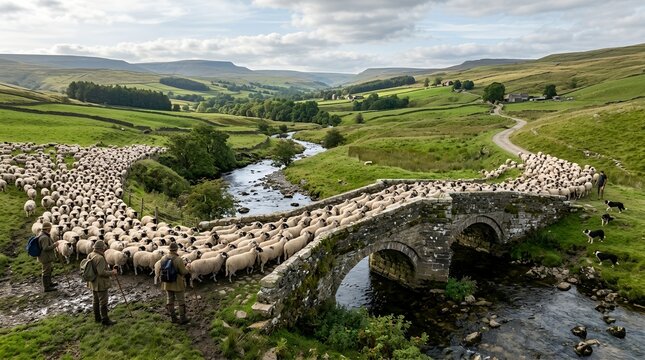 Large herd of fluffy white sheep crossing an old stone bridge over a river in a picturesque rural landscape, a peaceful scene of traditional livestock farming and pastoral countryside life.