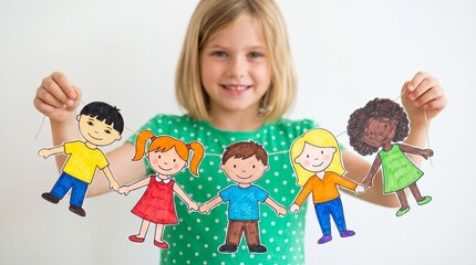 Obraz premium Smiling young girl holding paper chain people, diverse children paper dolls representing unity and friendship, creative school craft for kids