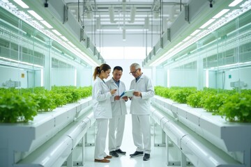 Fototapeta premium Agricultural Scientists Inspecting Hydroponic Plants in a Controlled Environment