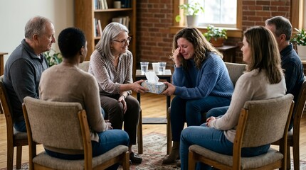 Obraz premium Emotional support group gathered in a welcoming room as a compassionate woman offers tissues to a crying participant, illustrating empathy, counseling, community care, and shared healing