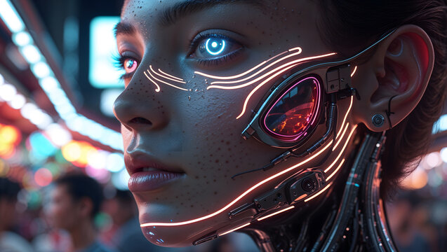 Person elegant glowing sub dermal LED patterns face neck eye cybernetic lens digital HUD overlay crowded colorful night market skin natural enhanced metallic sheen, generative AI