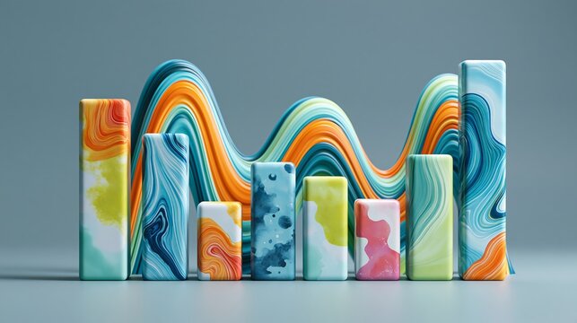 Abstract bar chart composition featuring colorful liquid marble textured vertical pillars against a soft gray background