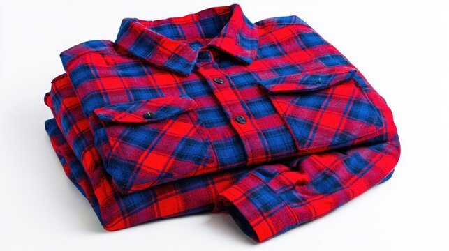 Folded Red and Blue Plaid Flannel Shirt Isolated on Clean Background
