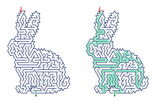 Bunny maze design with paths and entrance markers in blue and green  