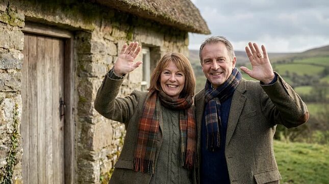 Couple waving outdoors near stone building and thatched roof on sunny day